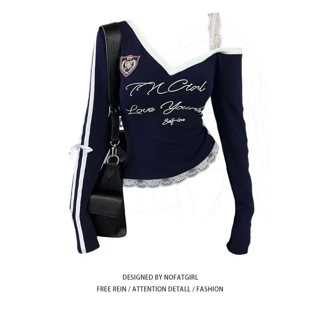Áo Thun Ngoại Cỡ Phong Cách Preppy Mỹ, Màu Tương Phản, Cổ Chữ V, Thiết Kế Giả Hai Lớp, Tay Áo Dài, Eo Co Giãn, Chi Tiết Ren Ghép Ngắn, Thích Hợp Cho Bé Gái Béo