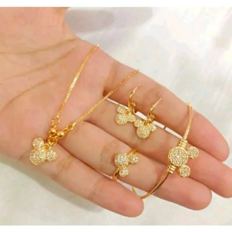 PROMO COD SATU SET PERHIASAN ANAK ANAK PEREMPUAN TITANIUM GOLD KOMPLIT KALUNG GELANG ANTING CINCIN MOTIF MIKYMOUS MATA ANTI LUNTUR Fashion Costume 5