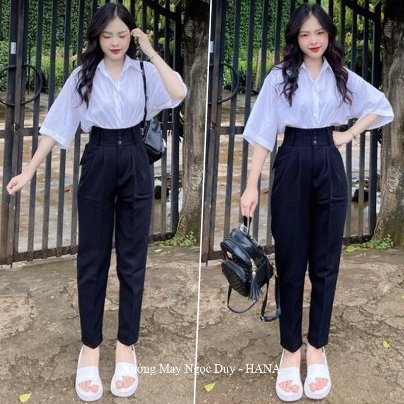 Quần tây đi học che đùi to nữ cấp 2 3 sinh viên m50 m60 m65 màu Đen dáng quần tây 3 cúc cạp cao bản to vải dày mềm