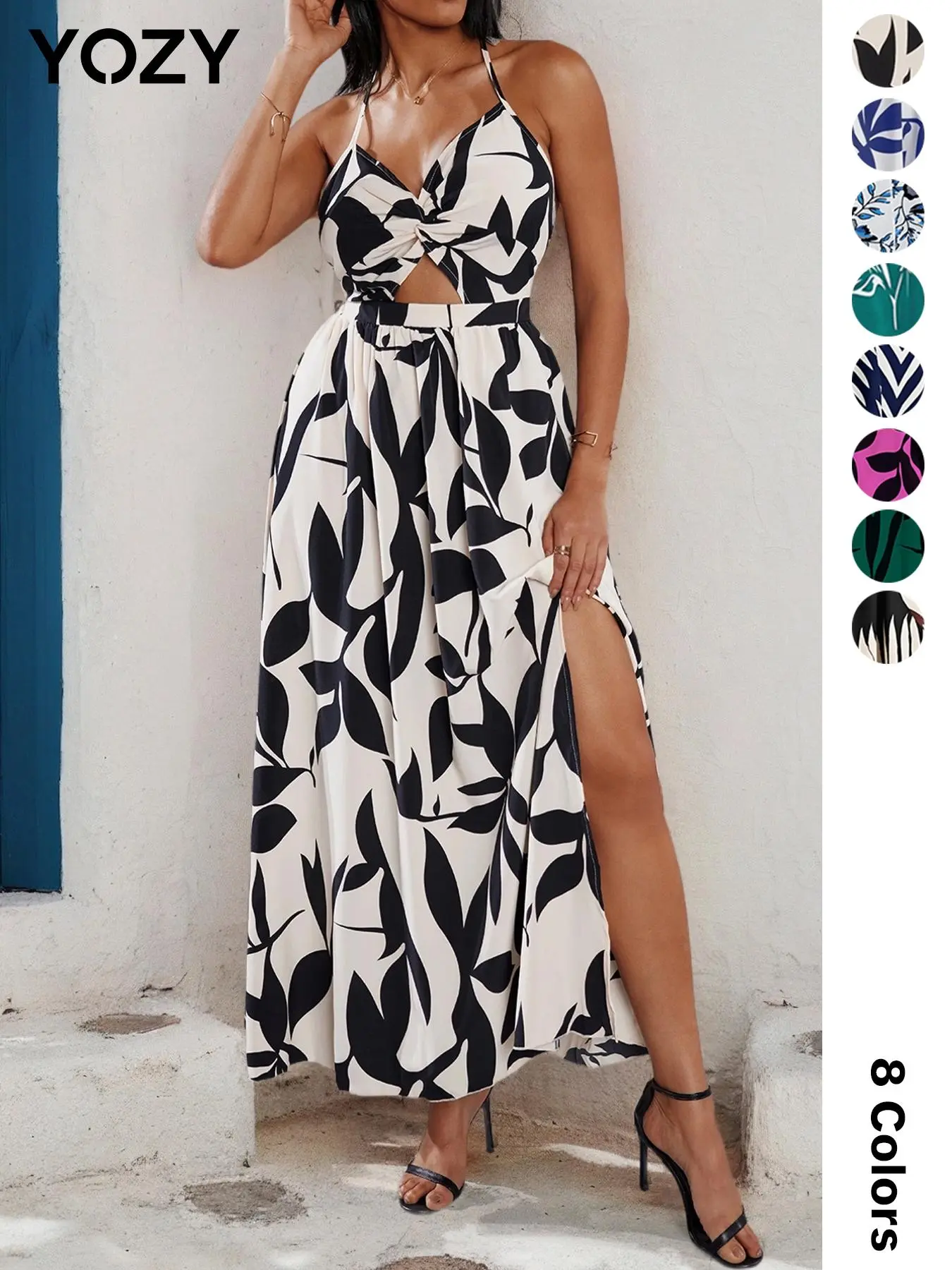 Yozy Leaf Print Backless Cut Out Twist Dress, Elegant Halter Neck Tie Wedding Dress, 2024 Back To School Women's Vacation & Holiday Wear for Summer's Beach, Fall & Winter Clothes