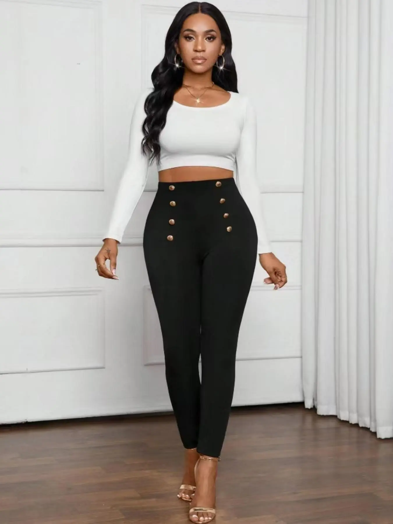 Women's Plain Button Skinny Pants, Casual Comfy High Stretch Leggings for Daily Wear, Ladies Bottoms for All Seasons
