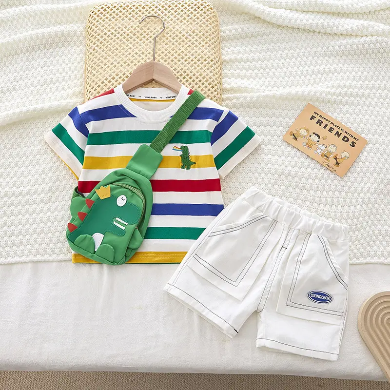 Tas Dino Setelan Baju Anak Laki-Laki Garis Dino Tas Motif Dino Celana Pendek GRATIS FREE TAS DINO Fashion setelan  anak korea import Kemeja 5