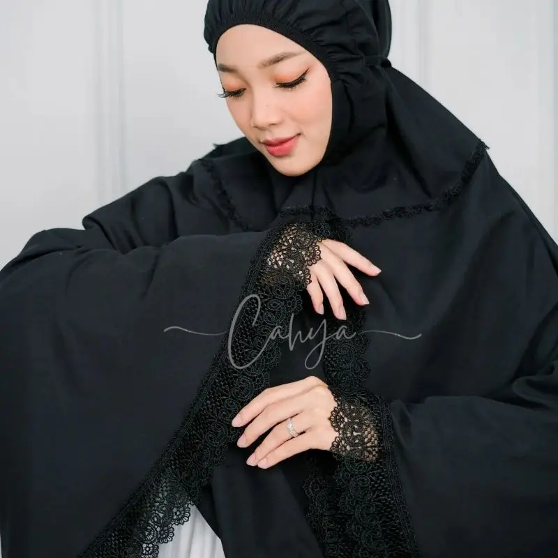 BERGO UMROH HAJI BAHAN KATUN PREMIUM HIJAB JUMBO BERSAKU HITAM PUTIH RENDA MEWAH CANTIK NYAMAN MUSLIM 3