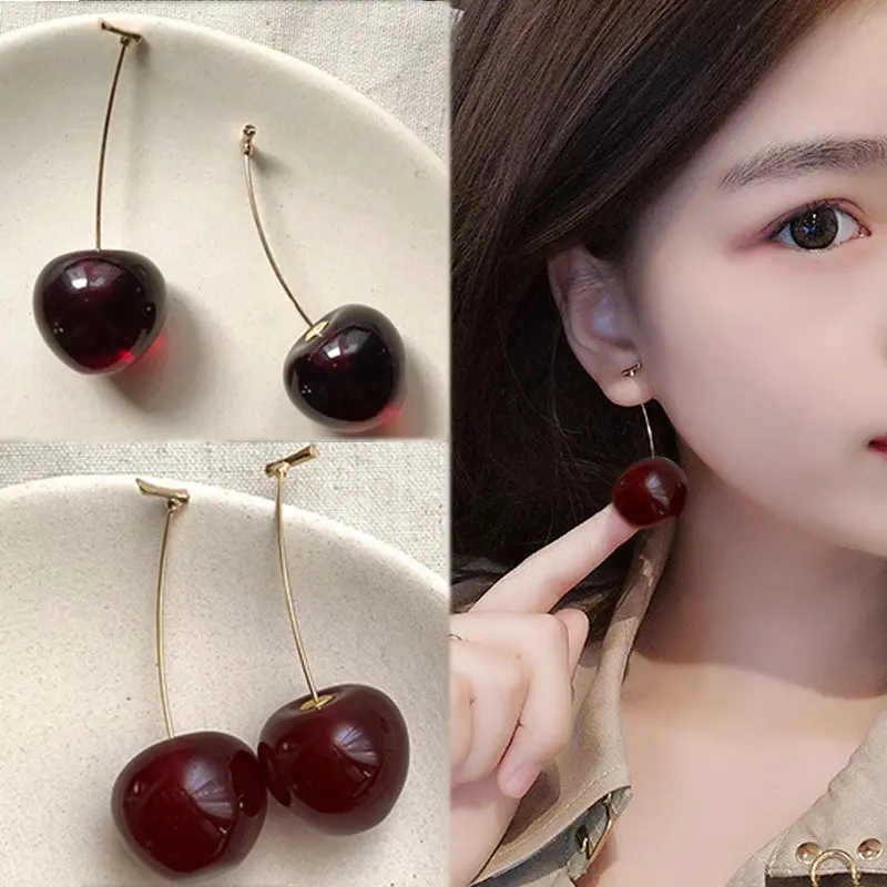 The same cute and energetic cherry earrings as Douyin, the temperamental internet celebrity long cherry earrings, the new earrings