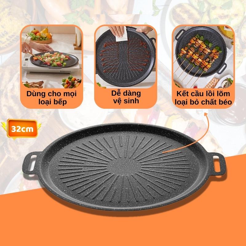 Chảo Nướng Đá Chống Dính Không Dầu Hàn Quốc Size 34cm Chảo Nướng Thịt BBQ Dùng Được Cho Cả Bếp Từ