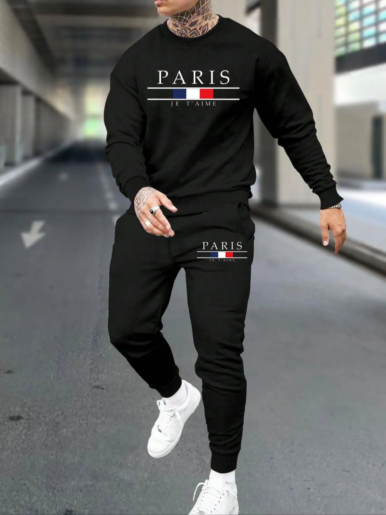 Men's Letter Print Crew Neck Sweatshirt & Elastic Waist Sweatpants Set, Casual Comfy Round Neck Long Sleeve Pullover & Pocket Jogger Pants, Two-Piece Outfits for Fall & Winter