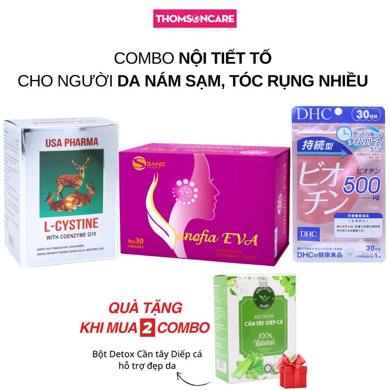  Viên uống L Cystine 60 viên Sanofia Eva tím 30 viên và Biotin DHC 30 viên combo bổ sung dưỡng chất cho da và tóc  Tặng 1 hộp Bột Detox Cần tây Diếp cá khi mua từ 2 combo   