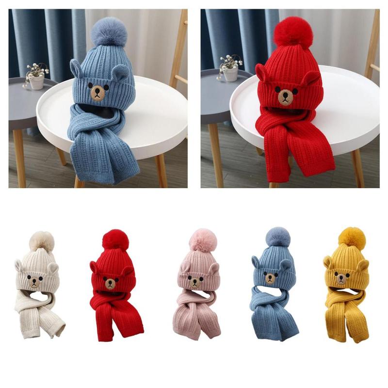 Kids Winter Hat Scarf Set Knitted Beanie Cap Neck Warmer Hiking Sledding 3