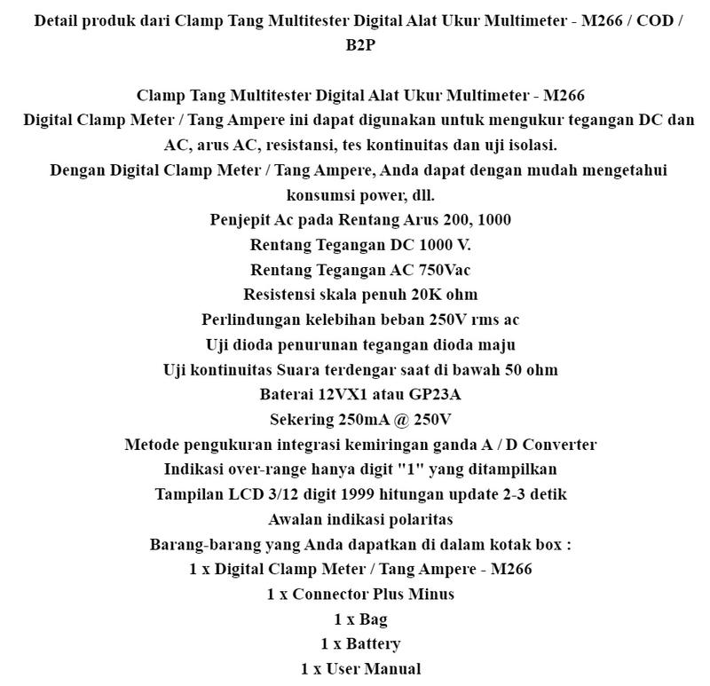 Product Introduction of Clamp Tang Multitester Digital Alat Ukur Multimeter - M266 / COD 0