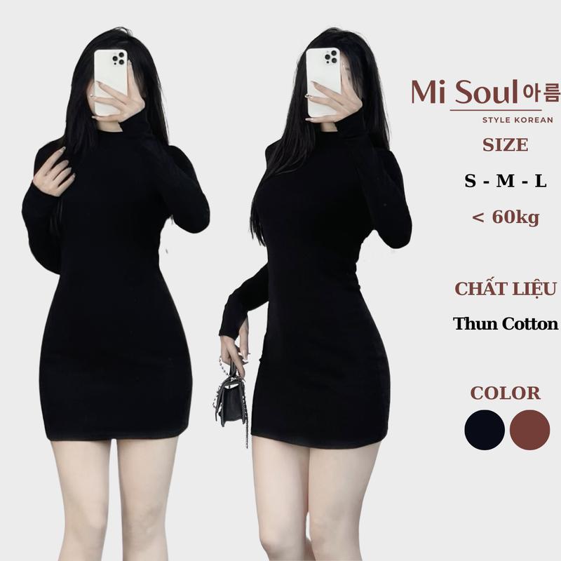 Váy Body Dài Tay Có Xỏ Ngón Cổ 3 Phân Dáng Ngắn Chất Thun Cotton Misoul, Đầm Thun Cotton Dài Tay 361 Nữ Women Dress Đen
