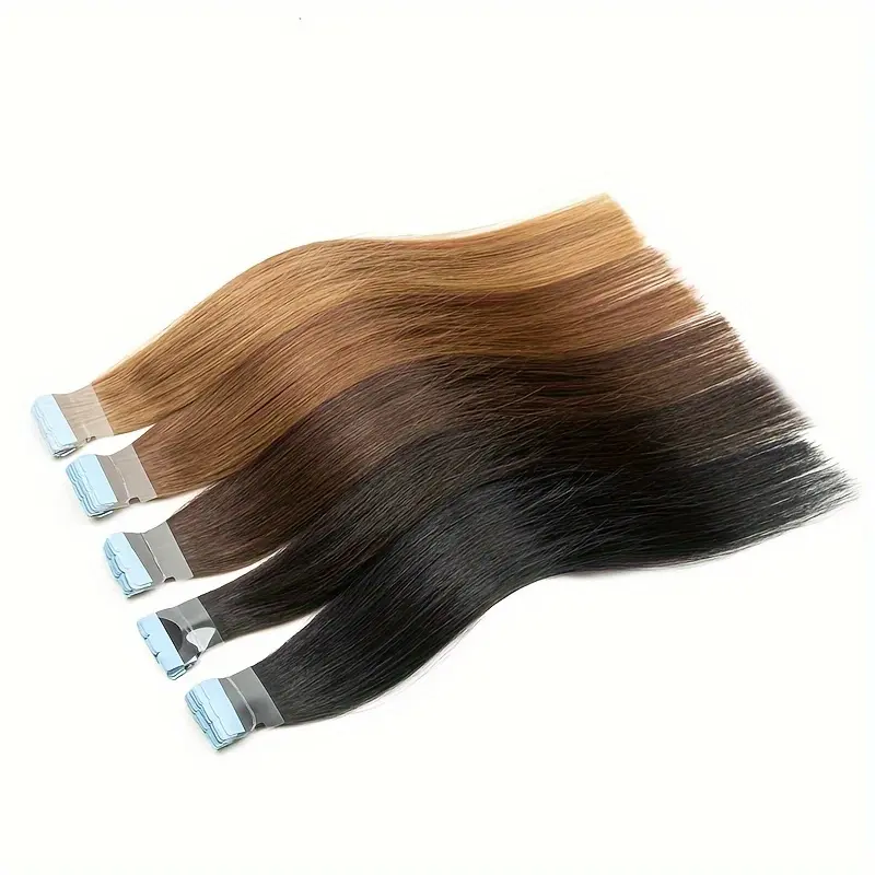Mini Human Hair Extensions Double-Sided Invisible Seamless Tape 10 Pieces/Set Natural Straight Hair Black Brown Blonde 12-24inch 7