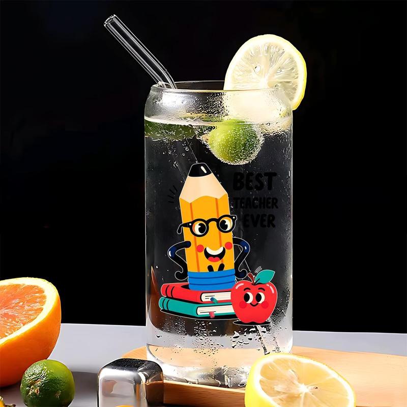 16oz Glass Cup with Straw & Brush, 1 Count Cute Cartoon Pattern Glass Cup, Drinking Cup for Home Office School, Gift for Teacher, Drinkware 4
