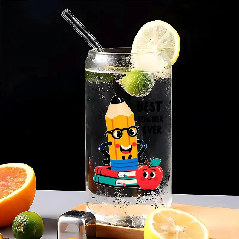 16oz Glass Cup with Straw & Brush, 1 Count Cute Cartoon Pattern Glass Cup, Drinking Cup for Home Office School, Gift for Teacher, Drinkware 4