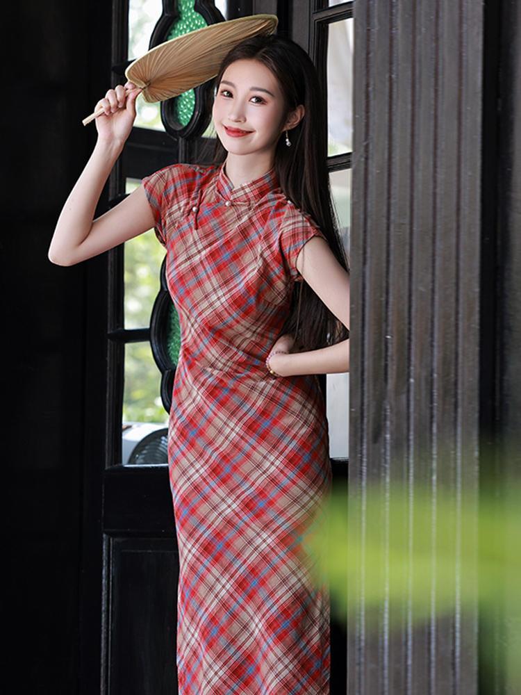 Product Introduction of P71243# Dress For Women Vintage Plaid Cheongsam Summer New Arrival Womens Dresses 2