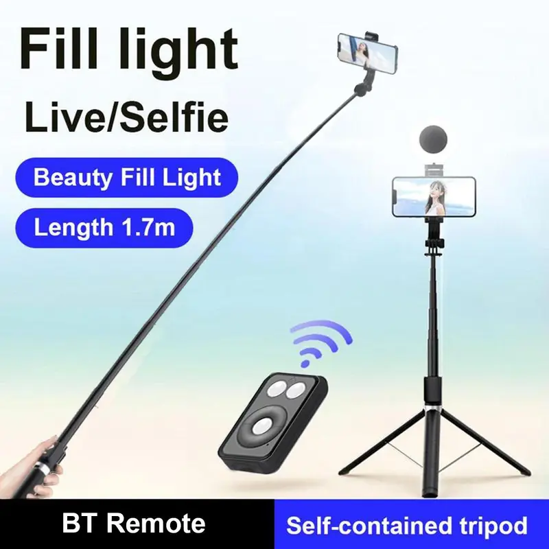 67 Inch Multifunctional Selfie Stick, Battery Powered Retractable Smartphone Tripod with Dual Beauty Fill Lights, Selfie Stick with Remote Control for Live Streaming 5