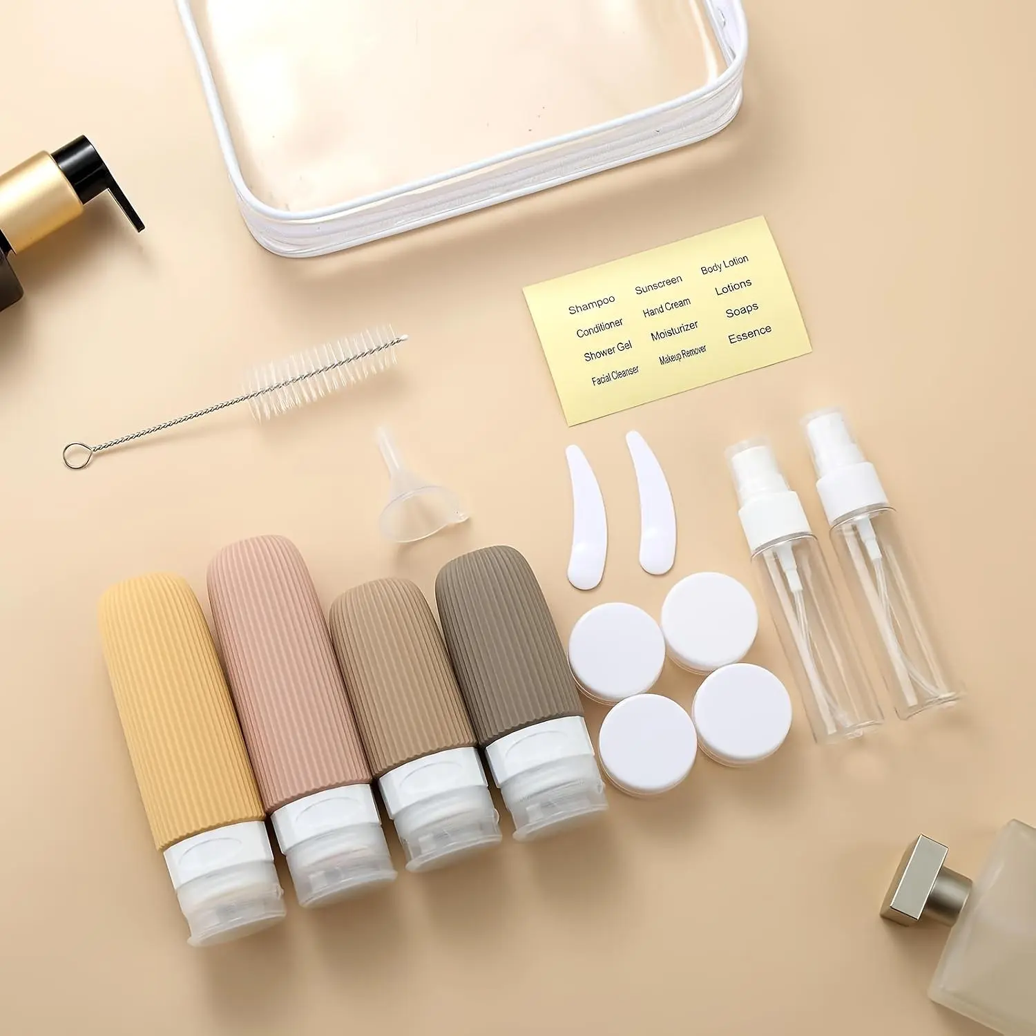 Travel Bottle Set, 16pcs/set Silicone Squeezable Container with Brush & Spatula & Funnel, Leak Proof Travel Bottle Set for Shampoo, Conditioner, Lotion, Shower Gel, Skincare Tool