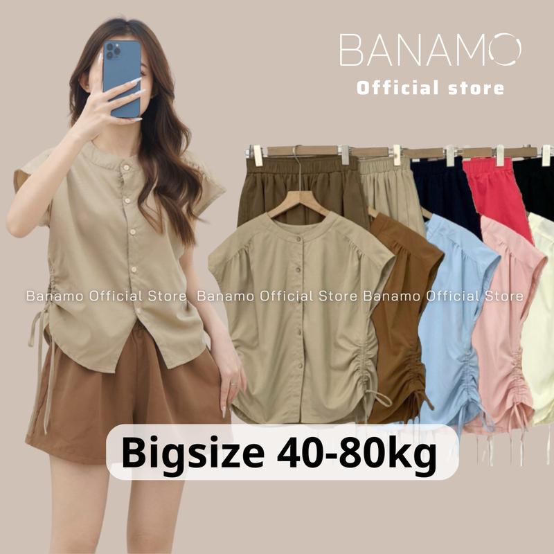 Set nữ BIGSIZE Banamo Fashion set áo dây rút đính cúc kèm quần sooc thô mềm 1927 Kem Top Women