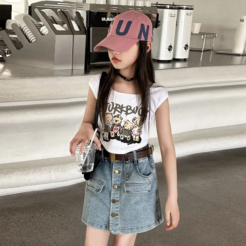 Bộ Quần Áo Trẻ Em, Áo Ngắn Tay, Váy Denim, Cho Bé Gái, Mùa Hè 2024 Mới, Phong Cách Người Nổi Tiếng Trên Internet, Váy Trẻ Em Lớn, Hai Mảnh, 0520 0