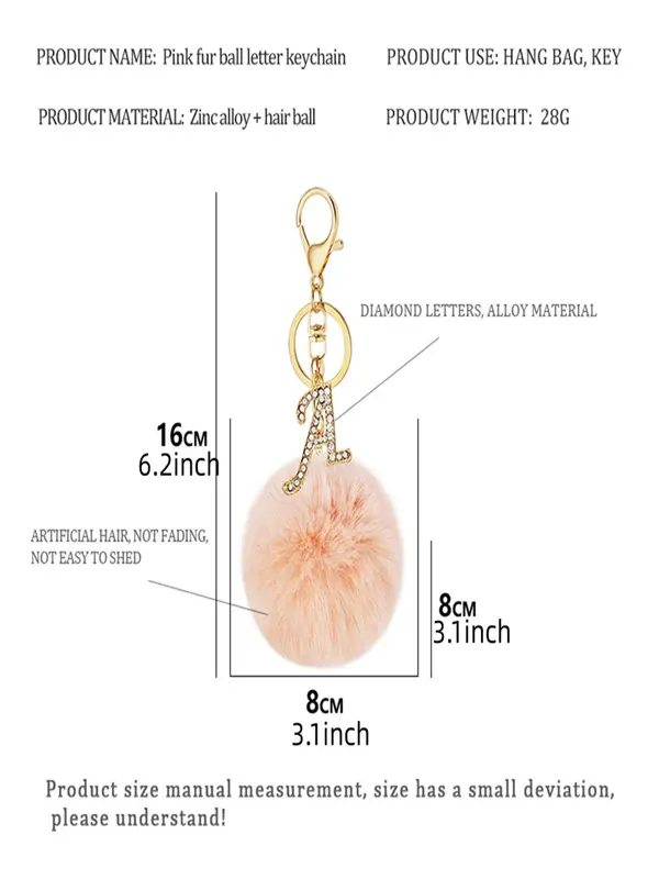 Women's Fashion 26 Letter & Pom Pom Design Keychain, Summer Cute Rhinestone Decor Keychain for Car Keys for Women & Girls, Trendy All-match Accessories As Birthday Gift 1
