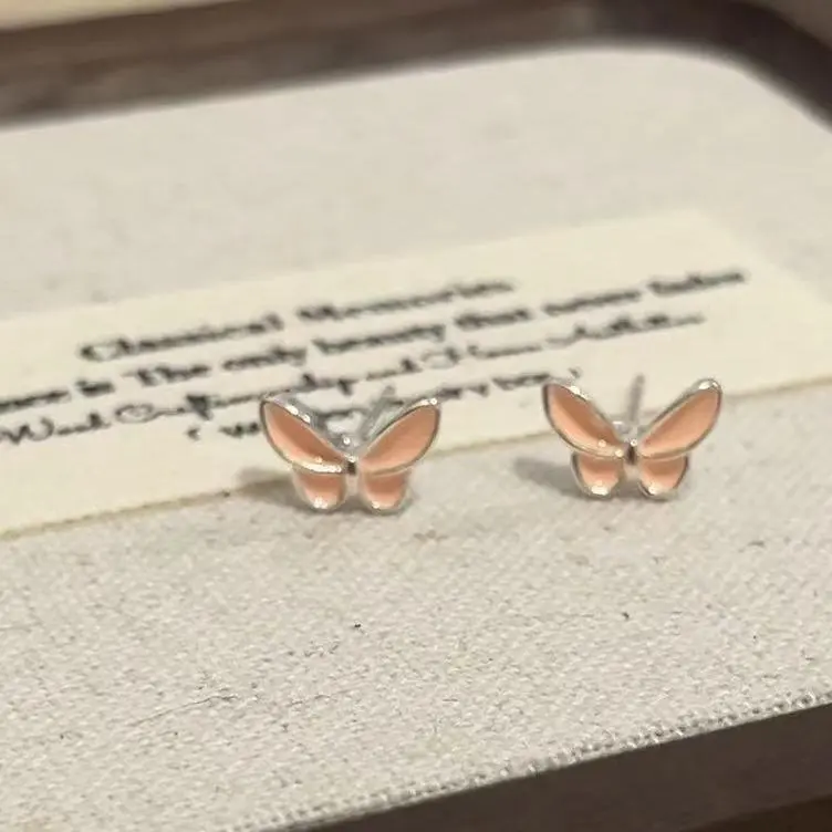 Sweet Drip Glazed Pink Butterfly Studs 925 Silver Needle New All-Match No Need to Take off Simple Indie Pop Style and Compact Special Interest Earrings