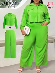 CURVZY Plus Size Autumn Aesthetic Two-Piece Set Solid Button Front Crop Blouse & High Waist Pants Set, Casual Drop Shoulder Long Sleeve Top & Pocket Trousers for Daily Wear, Women's Two-piece Outfits for Fall