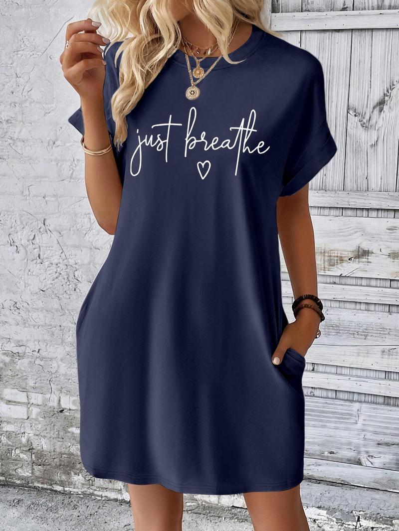 Product Introduction of Women's Just Breathe Letter Print Thermal Transfer Printing Short Dress, Casual Short Sleeve Round Neck Dress for Spring & Fall, Ladies Clothes for Daily Wear 1