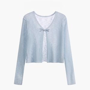 Áo Khoác Len Lụa Mát Mùa Hè Cho Nữ, Áo Ngắn Chống Nắng Điều Hòa, Áo Khoác Cho Váy Hai Dây, Áo Sơ Mi Mỏng Màu Xanh