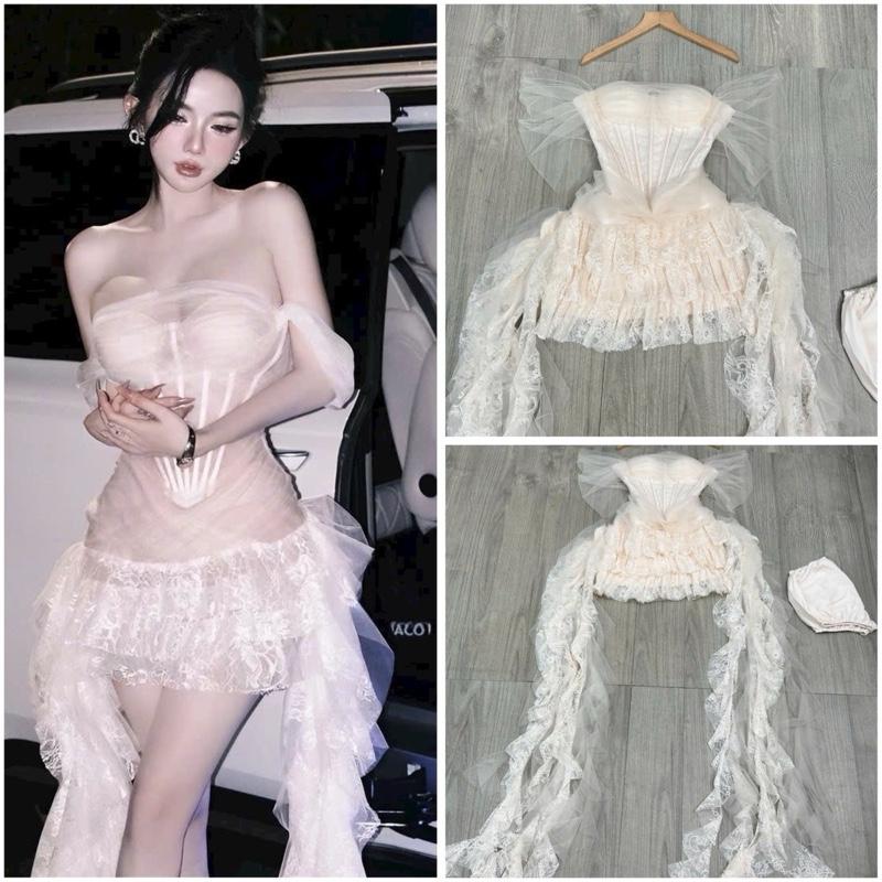 Set áo croset trễ vai phối váy tua rua thả tà chanh sả ( kèm ảnh thật )