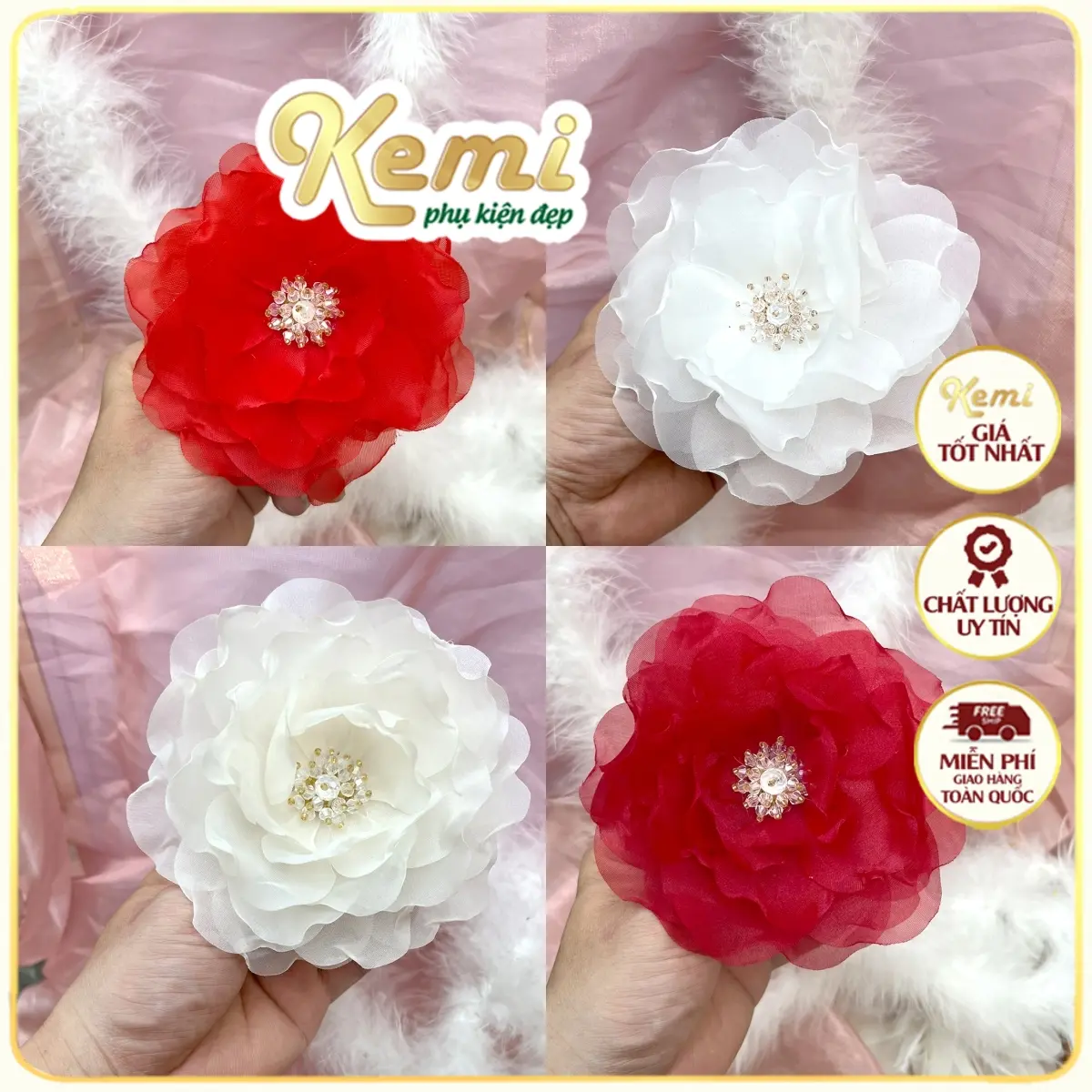 Ghim cài áo váy hoa hải đường cánh voan nhụy hột lựu size 12cm đính kết tỉ mỉ dùng may trang trí váy đầm giỏ quà, đồ handmade decor