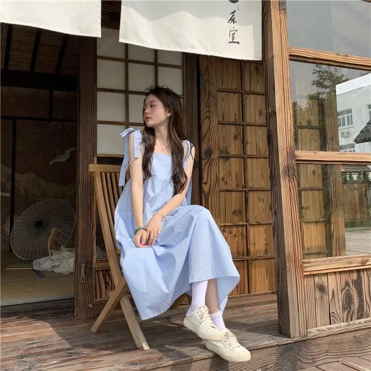 Đầm Nữ 2 Dây Bản To Buộc Nơ 3 Tầng 🦋 Váy Nữ Babydoll Trơn Dáng Dài 2 Màu 🦋 MÂY_1989 Women Dress Kem