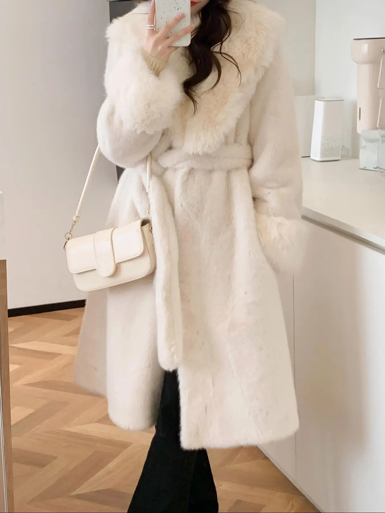 Women's Solid Belted Fuzzy Coat, Casual Long Sleeve Open Front Outerwear for Winter, Ladies Sportswear for Indoor Outdoor Wear
