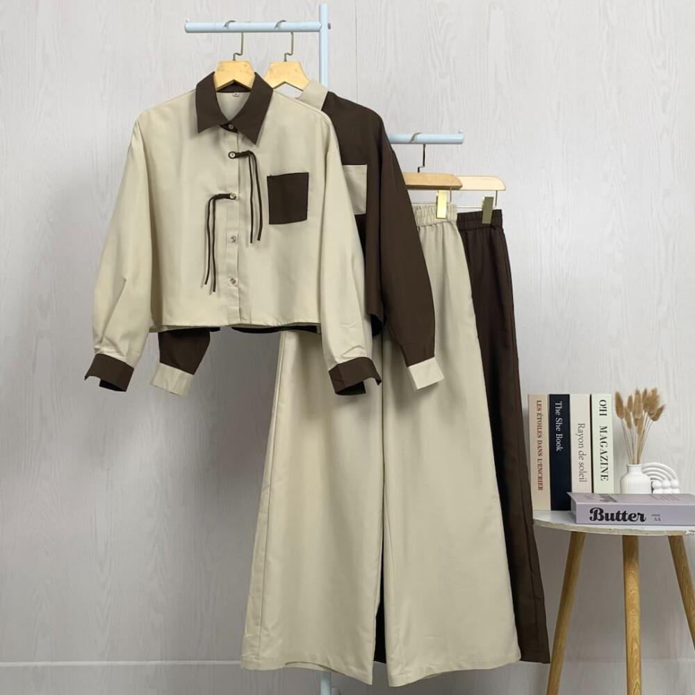 PO40 Asaya Set dua potong atasan + celana longgar warna-warni yang modis dan sederhana