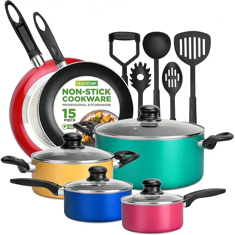 #KUP NutriChef, 15 Piece Pots And Pans Set - Non-Stick Cookware Set, Induction Hob Cookware Set, Premium Cooking Set W/ Lids, Heat Resistant, Saucepot, Frying Pans, Oven Pot, Lids, Colorful 0