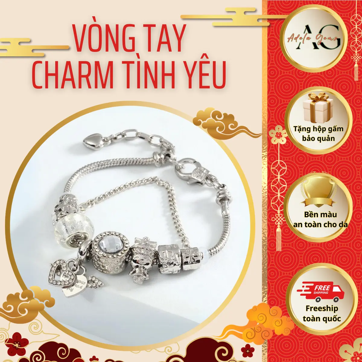 Vòng Tay,Lắc Tay ,Trang Sức Nữ  Charm Tình Yêu Chống Gỉ Kiềng Không Hoen Gỉ Mở 2 Đầu Xinh Xắn Phong Cách Nhẹ Nhàng ADELA GEMS
