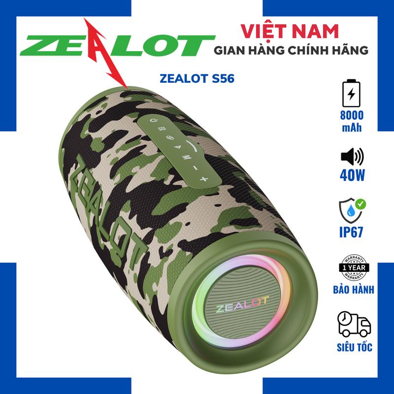     TẶNG NHẠC   Loa Bluetooth Zealot S56 Công Suất 40W Bass Mạnh Chống Nước IP67 Pin 8000mAh Phát Nhạc 6-8 Giờ Đèn Led RGB Cổng Sạc Type-C Nghe Nhạc Xem Phim Chất lượng Cao 