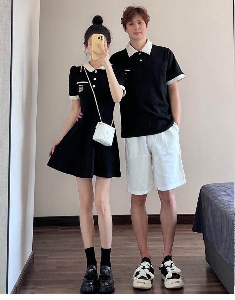 Product Introduction of Couple's outfit 2025 short sleeved lapel T-shirt, home women's waist collection, college style dress, one piece, one skirt, oversized size Womenswear Clothing 10
