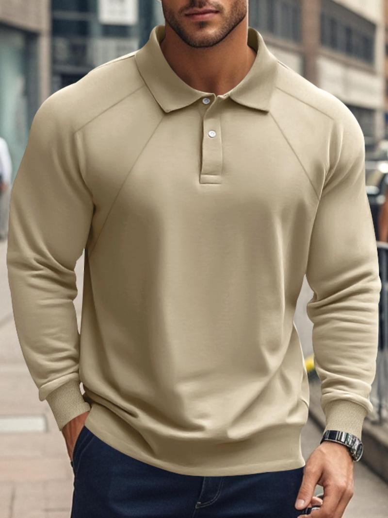 Product Introduction of Men's Solid Raglan Sleeve Polo Shirt, Regular Fit Casual Long Sleeve Collared Top for Fall & Winter, Men's Clothes for Daily Wear, Clothing 1