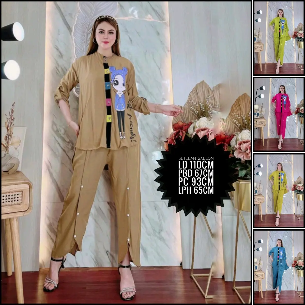 ONE SET SETELAN RAYON SABLON LENGAN 7/8 GAMBAR ANIME POLOS