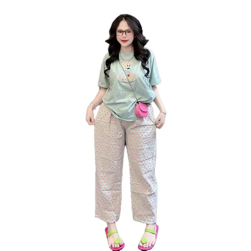 ĐỒ BỘ NỮ, SET BỘ NỮ ÁO COTTON THÊU GẤU PHỐI QUẦN KATE HỌA TIẾT 3 MÀU BIGSIZE 45-85KG Women Top thường setbo 3mon 1