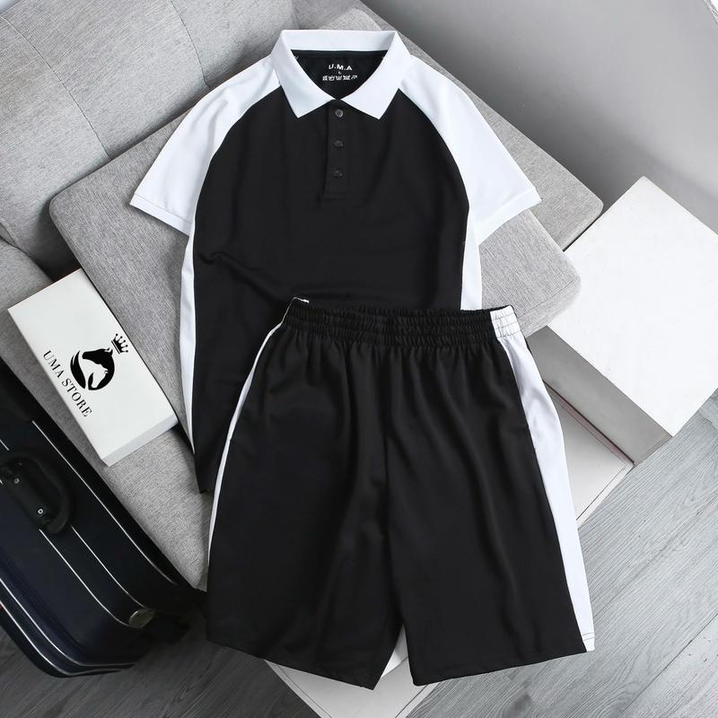 Bộ polo phối màu chất liệu cá sấu dệt kim, nam tính, trẻ trung, thanh lịch - ( POLOUMAOR ) Menswear Áo Quần Shirt Top Có Cổ Ngắn Tay Cộc Tay Cổ Tròn Pants đường nâu thường xxl đồng hồ màu đen bodonam