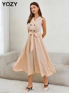 YOZY Women's Solid Double Button Belted Pleated Dress, Elegant Surplice Neck Sleeveless A Line Dress for Party Holiday Wedding Guest, Ladies Clothes for All Seasons