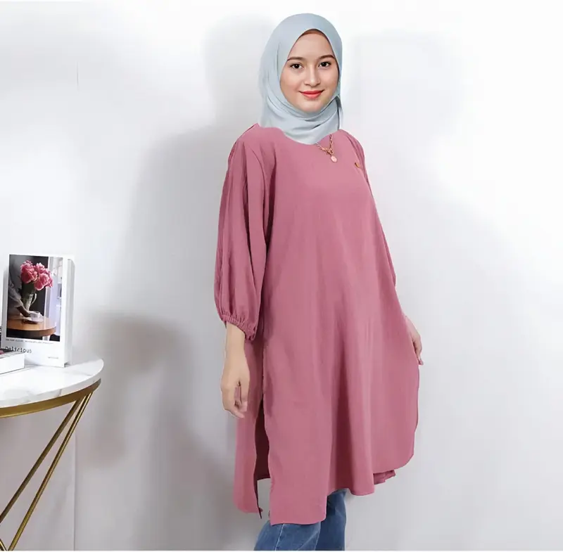 Atasan tunik crinkle polos tangan rempel karet 3/4 kancing belakang 4
