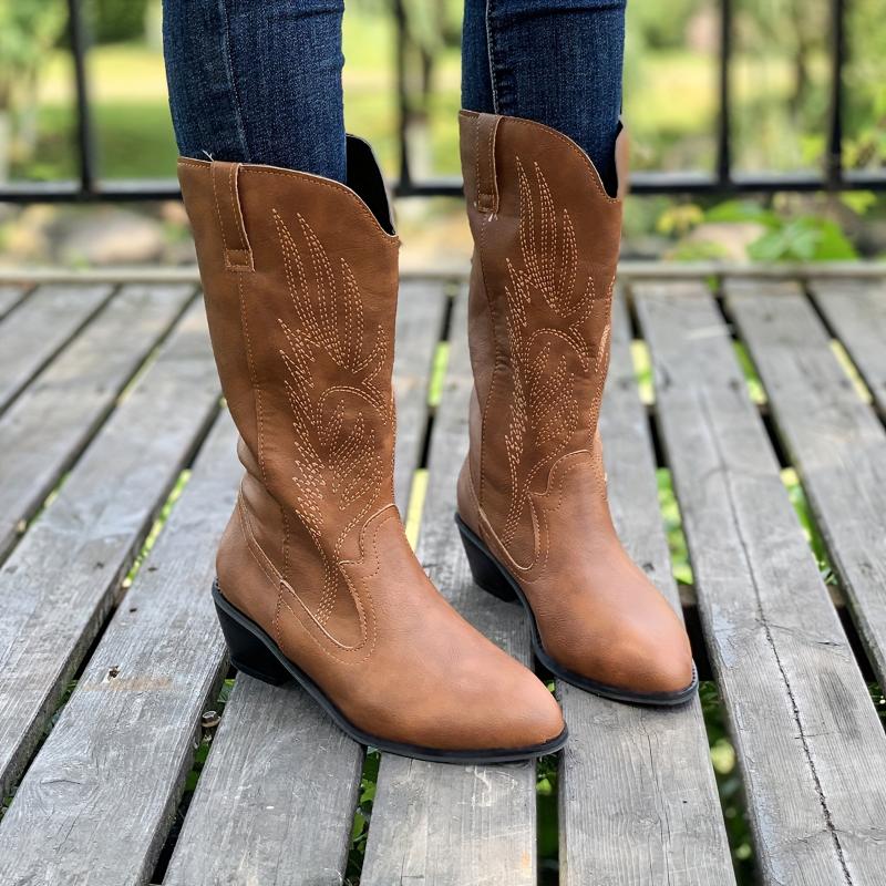 Women's Solid Color Chunky Heel Boots, Fashion Point Toe Mid Calf Boots, Stylish Western Cowboy Boots 5