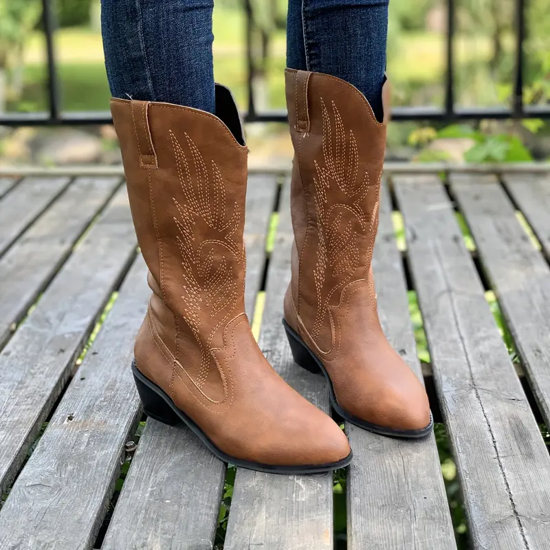 Women's Solid Color Chunky Heel Boots, Fashion Point Toe Mid Calf Boots, Stylish Western Cowboy Boots 5