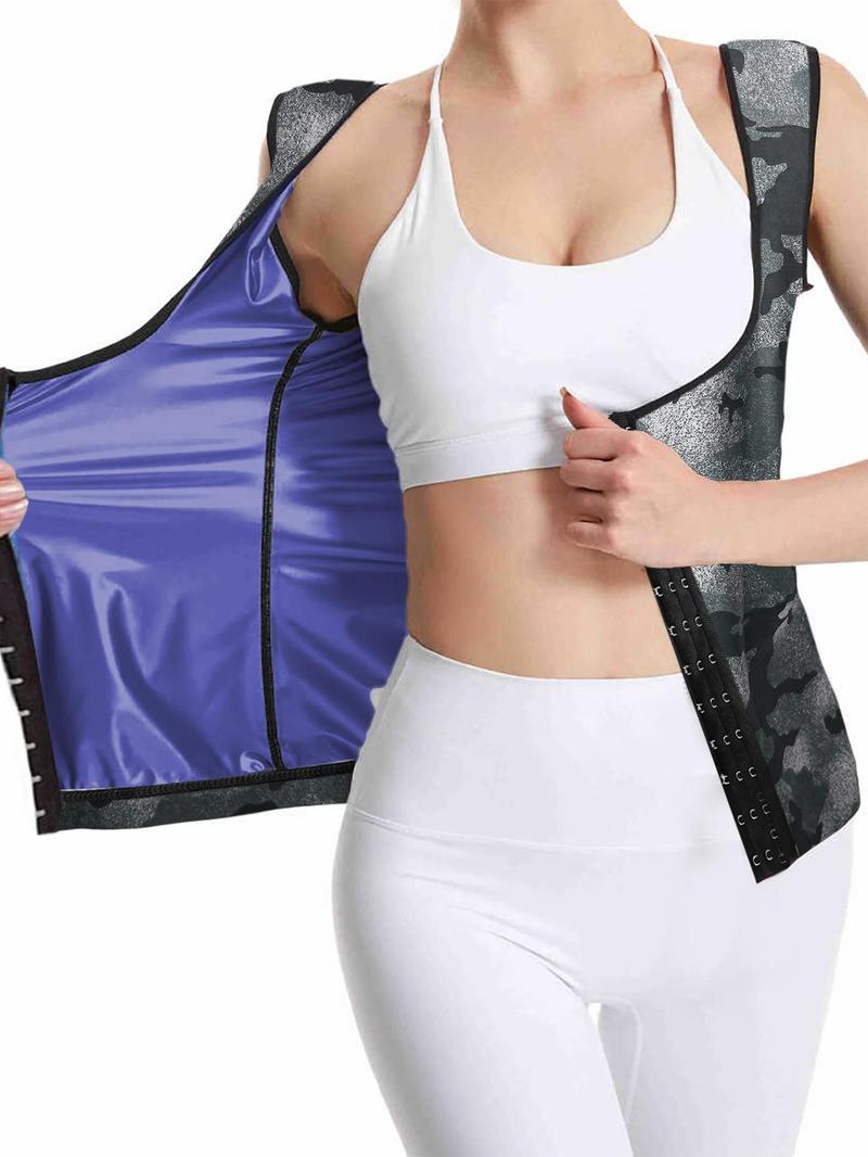 Product Introduction of Women's Solid/Camo Buckle Front Sauna Vest, Casual Sporty Tummy Control Sleeveless Tank Top for Running Training, Ladies Sauna Suit for All Seasons 5
