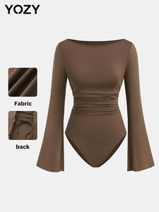 YOZY Women's Plain Lace Up Tie Back Bodysuit, Casual Long Sleeve Boat Neck Bodysuit for Daily Wear, Ladies Clothes for All Seasons