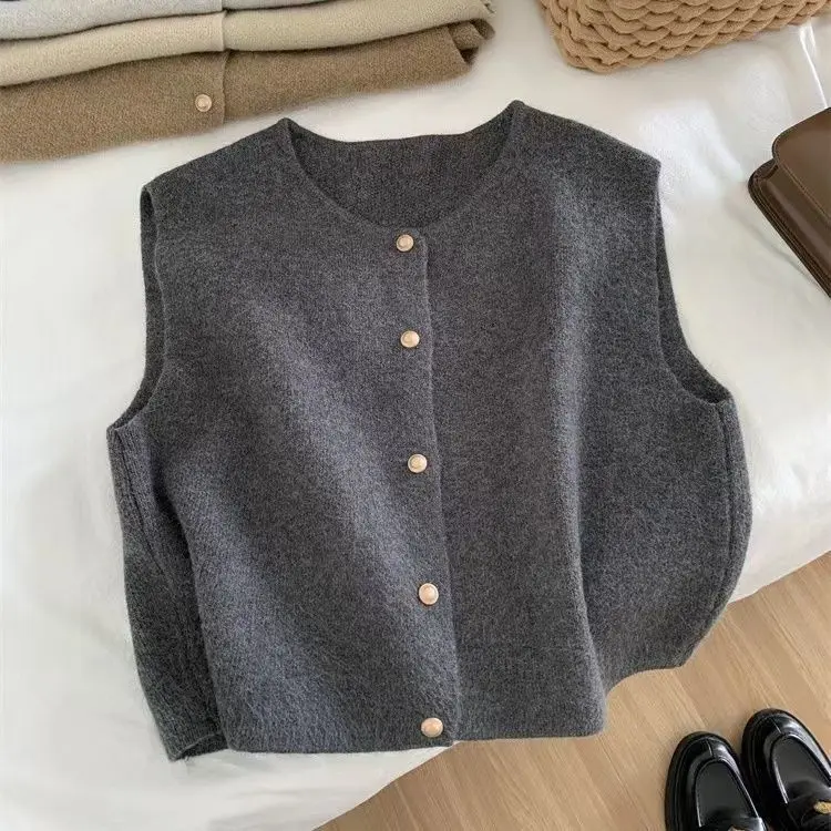 Áo Vest Dệt Kim, Phong Cách Nhẹ Nhàng, Một Hàng, Cỡ Nhỏ, Nút Vàng, Cổ Tròn, Áo Ba Lỗ Không Tay Phong Cách Hàn Quốc, Dành Cho Nữ, Có Thể Mặc Ngoài Trời Top Women Khuy