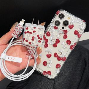 Funda para celular con patrón de cerezas, incluye cubierta para cabeza de cargador, protector de cable y cuerda de almacenamiento, funda anticaídas para iPhone 6/7/8/X/XS/XR/XS Max/11/12/13/14/15/16 Pro Max, Casing