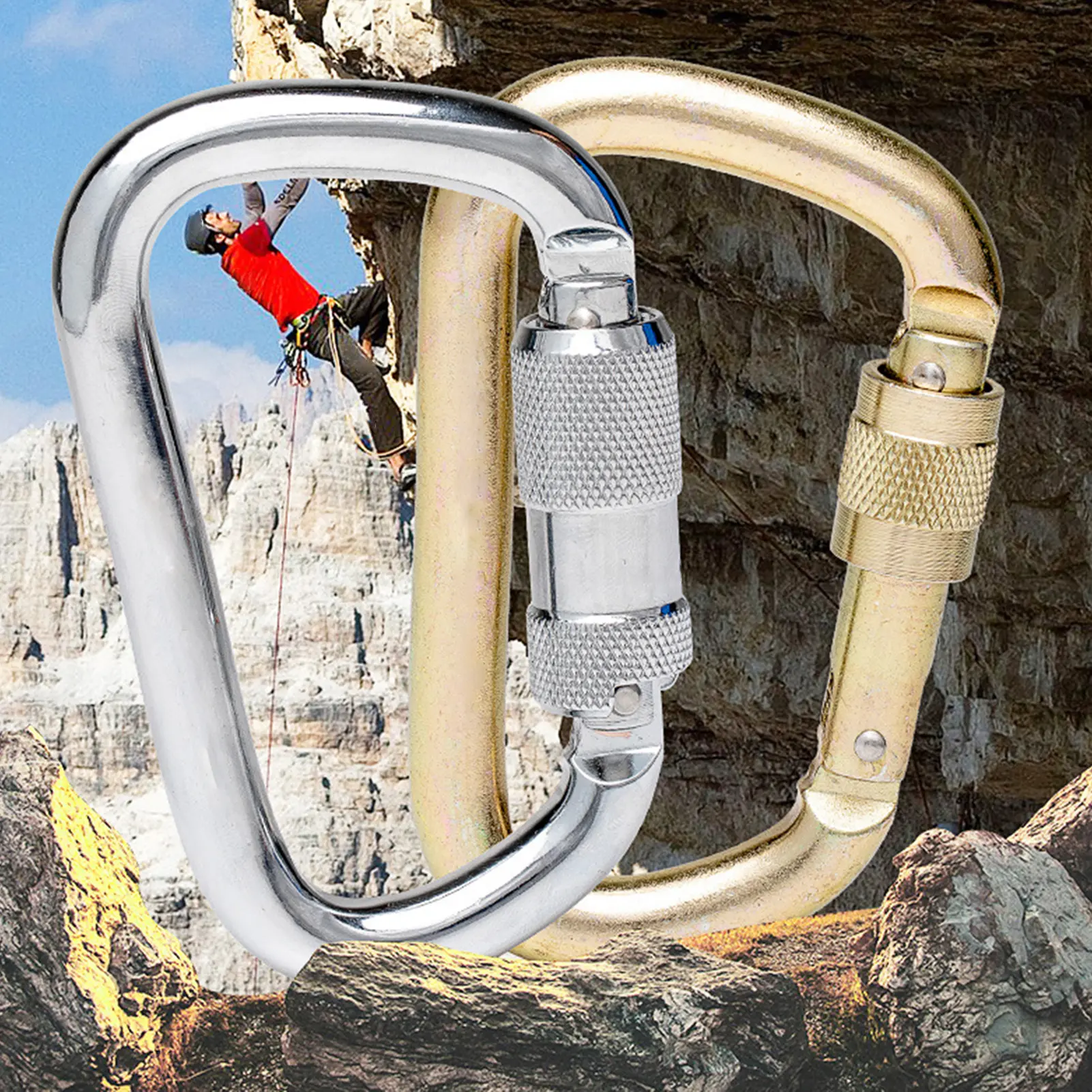 Móc khóa chữ D, 45KN, Thép chịu lực cao, Khóa chính leo núi, Thích hợp cho leo núi
