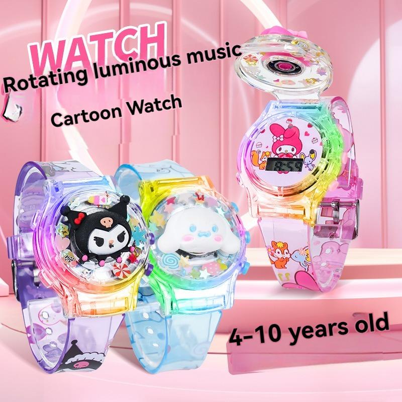 Đồng Hồ Trẻ Em, Sanrio, Đèn LED Phát Sáng Xoay, Đồng Hồ Điện Tử Âm Nhạc, Có Kuromi / Melody / Cinnamoroll / Ngôi Sao / Hello Kitty, Dành Cho Bé Gái, Đồng Hồ Đồ Chơi Hoạt Hình, Quà Tặng Cho Trẻ Em